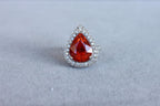 Mandarin Garnet Spessartine Pear Drop Shape Diamond Halo Pave White Gold Ring