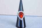 Mandarin Garnet Spessartine Pear Drop Shape Diamond Halo Pave White Gold Ring