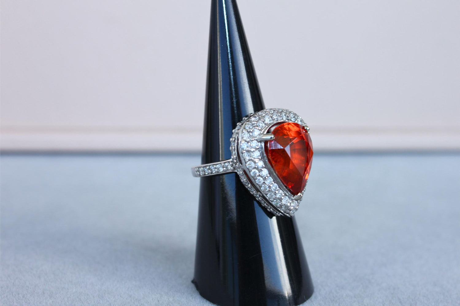 Mandarin Garnet Spessartine Pear Drop Shape Diamond Halo Pave White Gold Ring