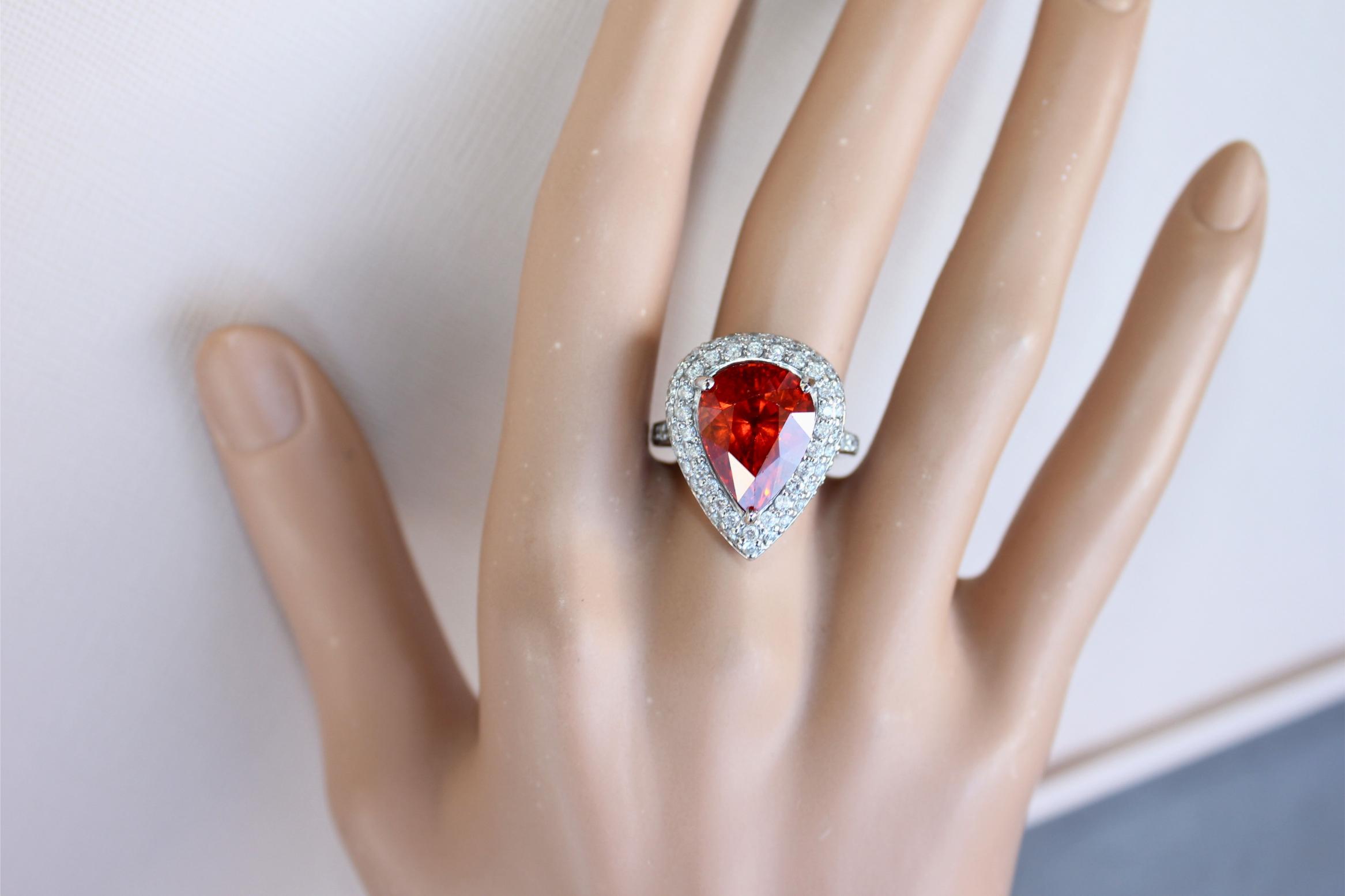 Mandarin Garnet Spessartine Pear Drop Shape Diamond Halo Pave White Gold Ring