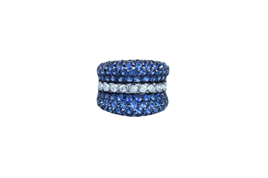 Round Diamond Bezel Set Blue Sapphire Pave Set 18 Karat White Gold Unique Ring