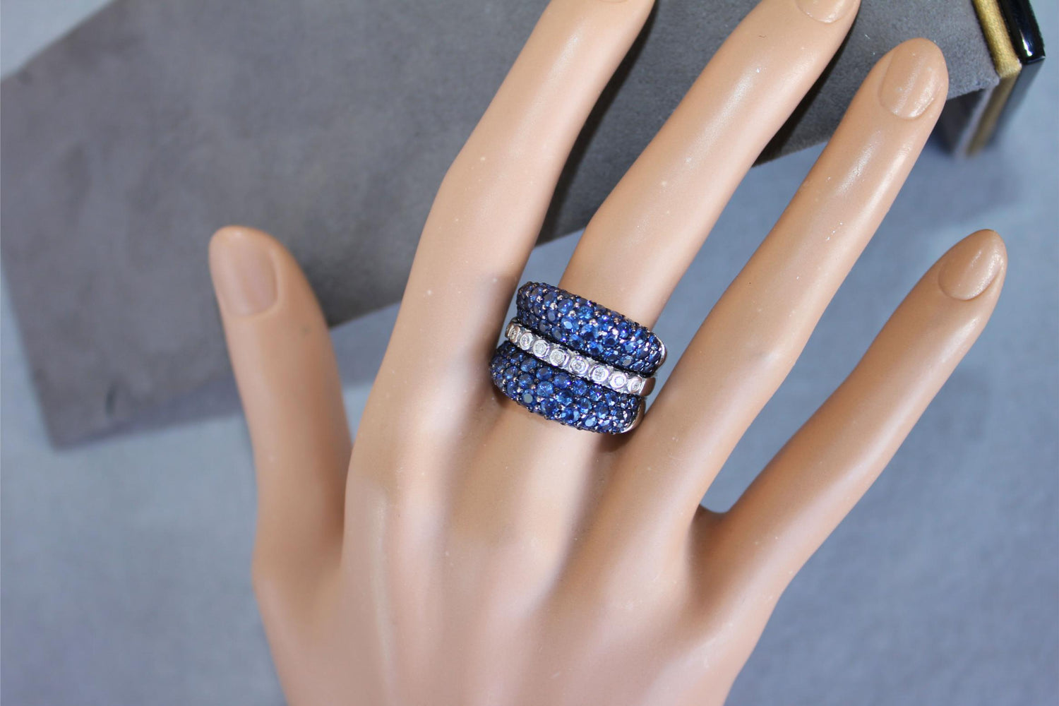 Round Diamond Bezel Set Blue Sapphire Pave Set 18 Karat White Gold Unique Ring