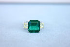 Square Cut Emerald Yellow Cushion Shape Diamonds Two Stone 18K White Gold Ring