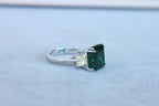 Square Cut Emerald Yellow Cushion Shape Diamonds Two Stone 18K White Gold Ring