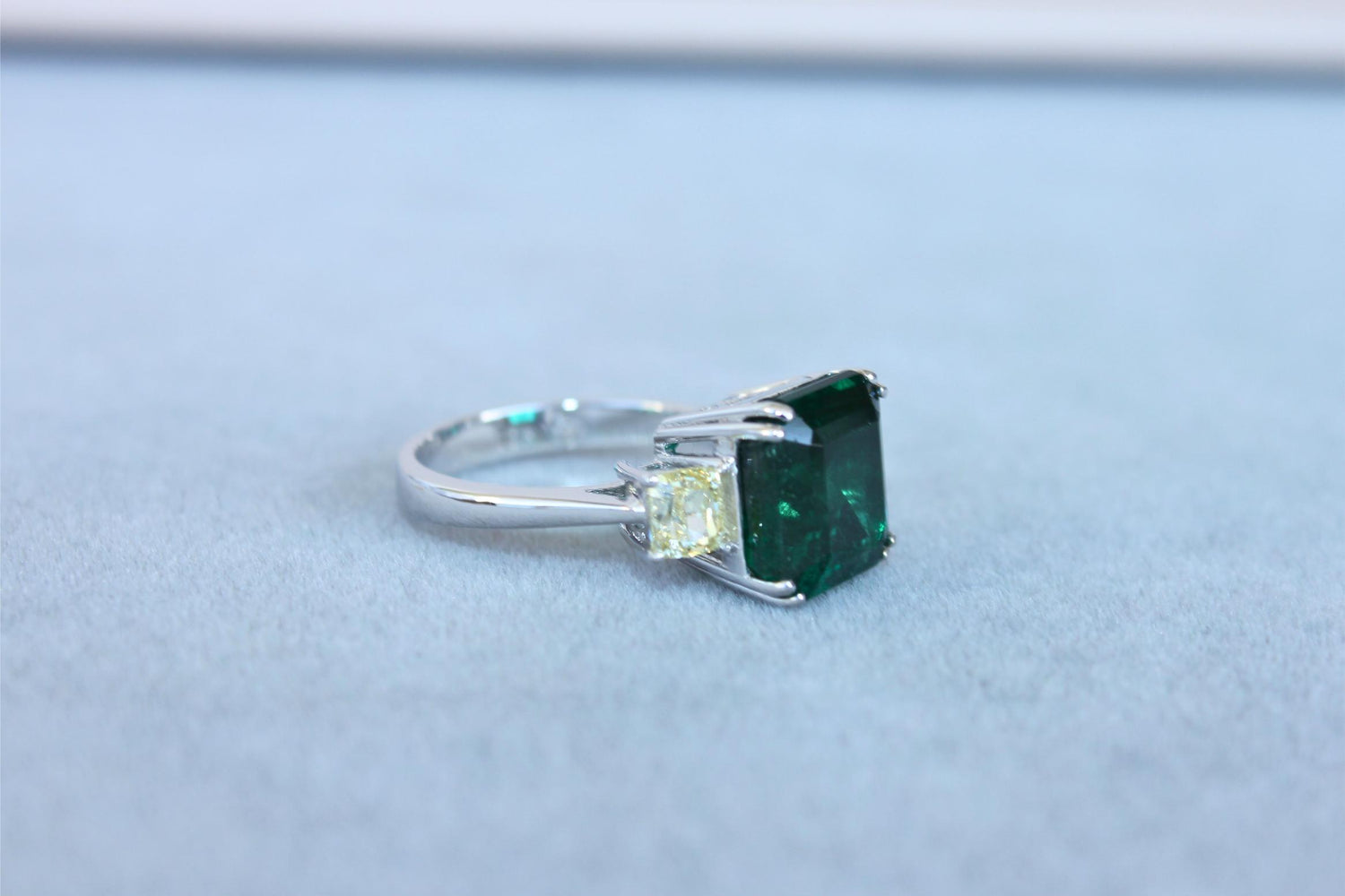 Square Cut Emerald Yellow Cushion Shape Diamonds Two Stone 18K White Gold Ring