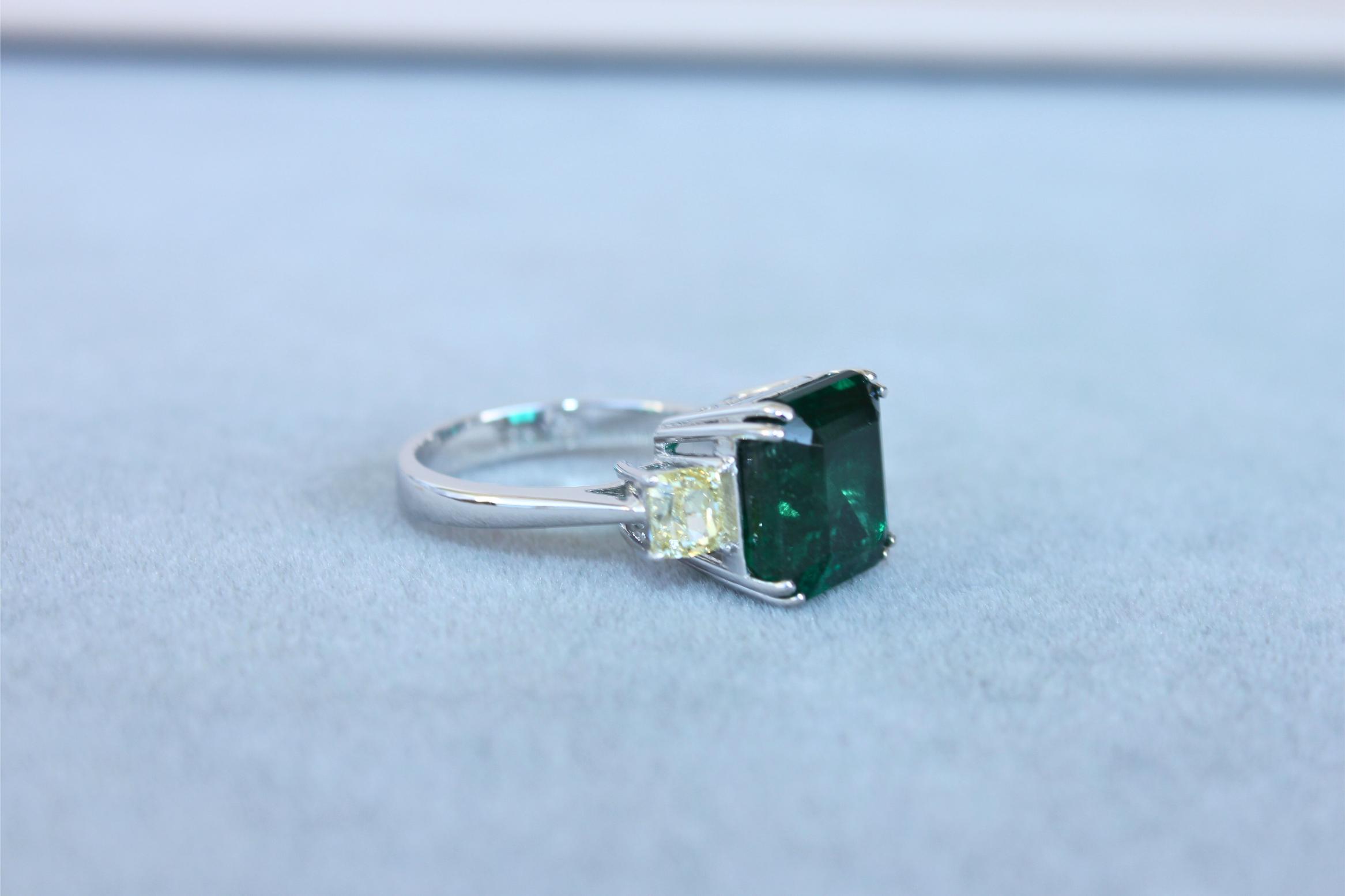 Square Cut Emerald Yellow Cushion Shape Diamonds Two Stone 18K White Gold Ring