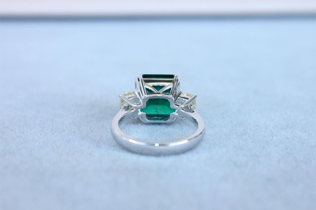 Square Cut Emerald Yellow Cushion Shape Diamonds Two Stone 18K White Gold Ring