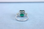 Square Cut Emerald Yellow Cushion Shape Diamonds Two Stone 18K White Gold Ring