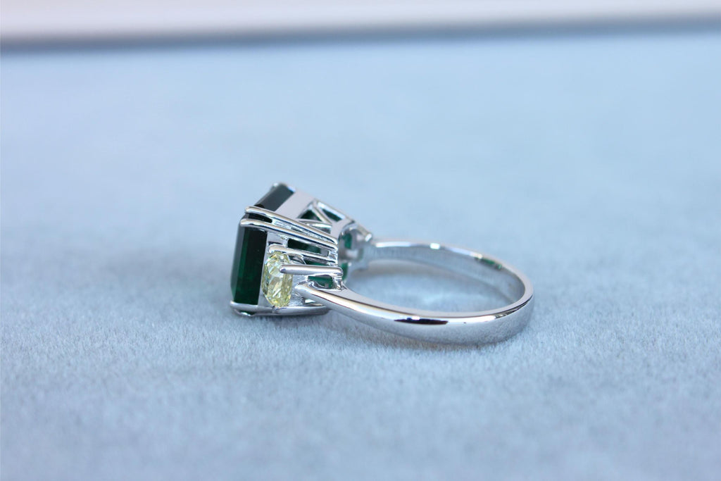 Square Cut Emerald Yellow Cushion Shape Diamonds Two Stone 18K White Gold Ring