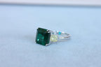 Square Cut Emerald Yellow Cushion Shape Diamonds Two Stone 18K White Gold Ring