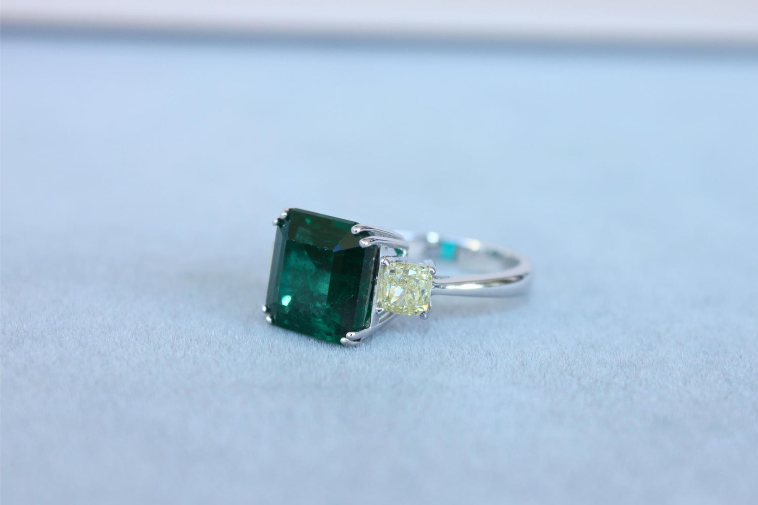 Square Cut Emerald Yellow Cushion Shape Diamonds Two Stone 18K White Gold Ring