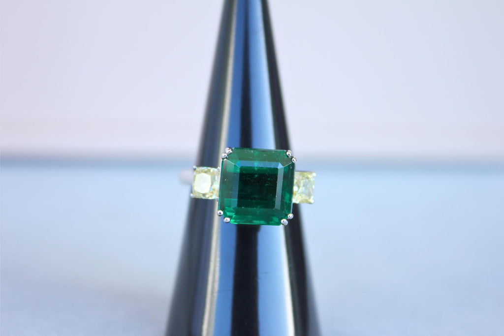 Square Cut Emerald Yellow Cushion Shape Diamonds Two Stone 18K White Gold Ring