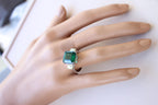 Square Cut Emerald Yellow Cushion Shape Diamonds Two Stone 18K White Gold Ring