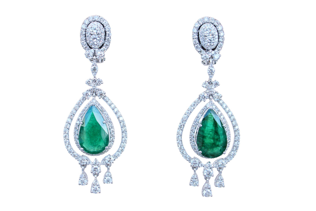 Large Pear-Shape Drop Emeralds Diamond Chandelier 18K White Gold Unique Earrings
