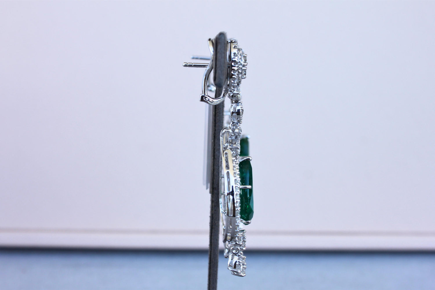 Large Pear-Shape Drop Emeralds Diamond Chandelier 18K White Gold Unique Earrings