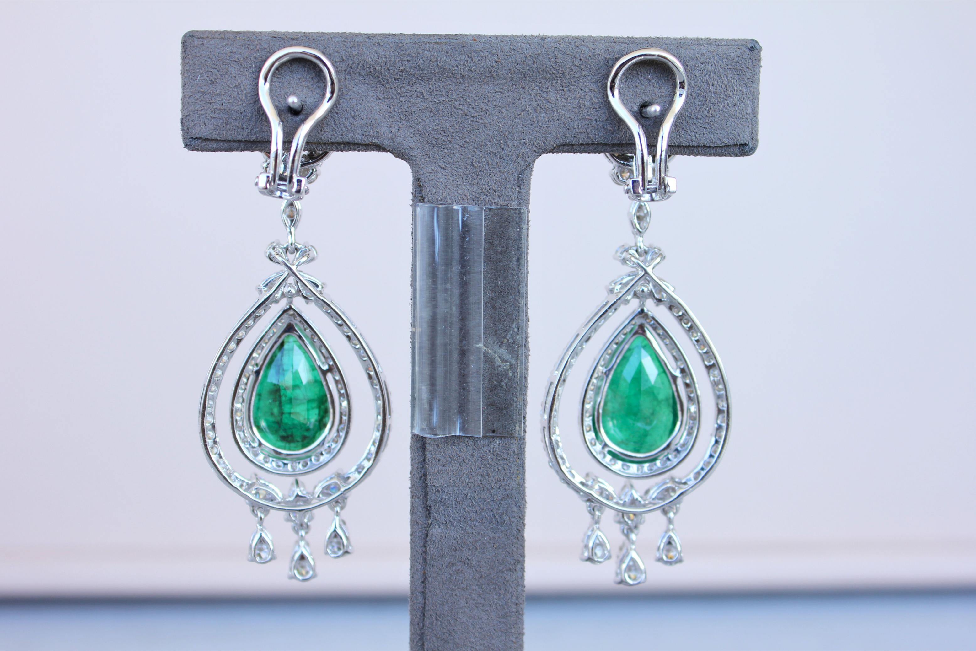 Large Pear-Shape Drop Emeralds Diamond Chandelier 18K White Gold Unique Earrings