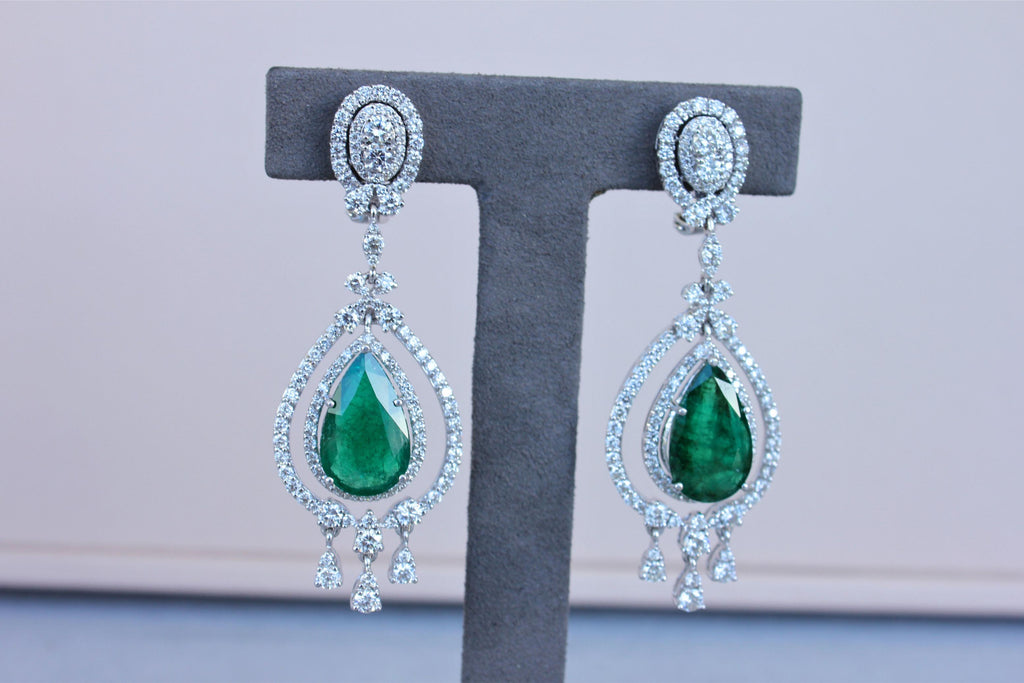Large Pear-Shape Drop Emeralds Diamond Chandelier 18K White Gold Unique Earrings