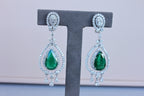 Large Pear-Shape Drop Emeralds Diamond Chandelier 18K White Gold Unique Earrings