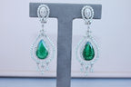 Large Pear-Shape Drop Emeralds Diamond Chandelier 18K White Gold Unique Earrings