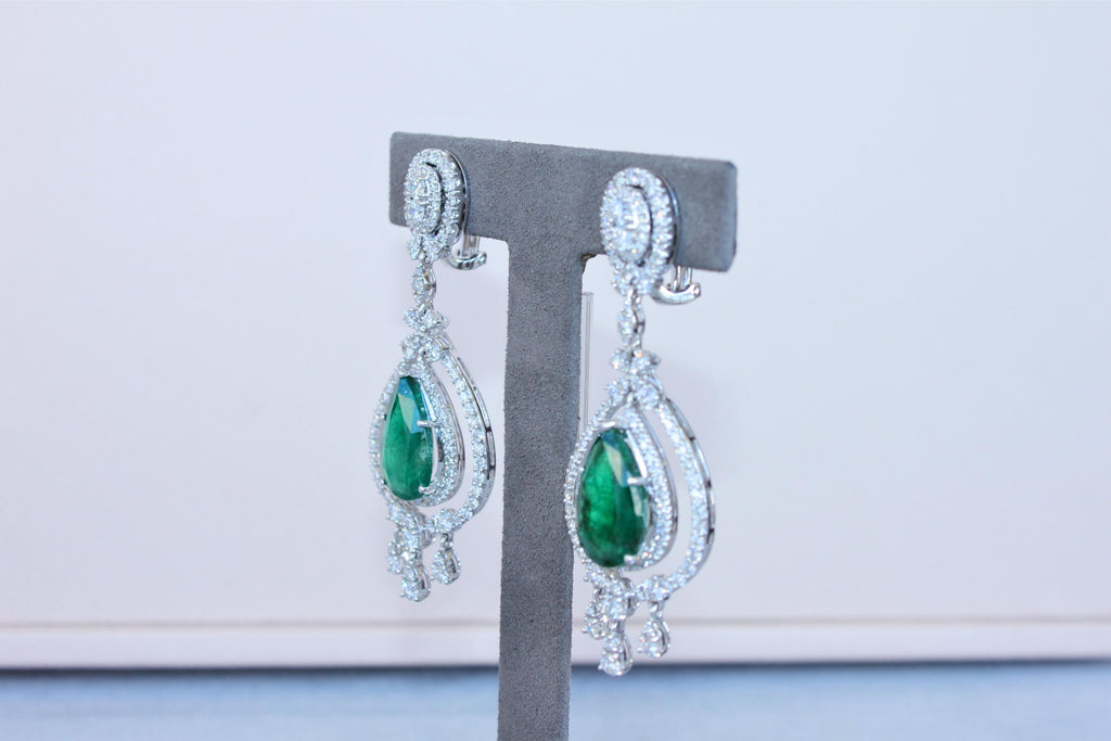 Large Pear-Shape Drop Emeralds Diamond Chandelier 18K White Gold Unique Earrings