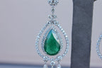 Large Pear-Shape Drop Emeralds Diamond Chandelier 18K White Gold Unique Earrings