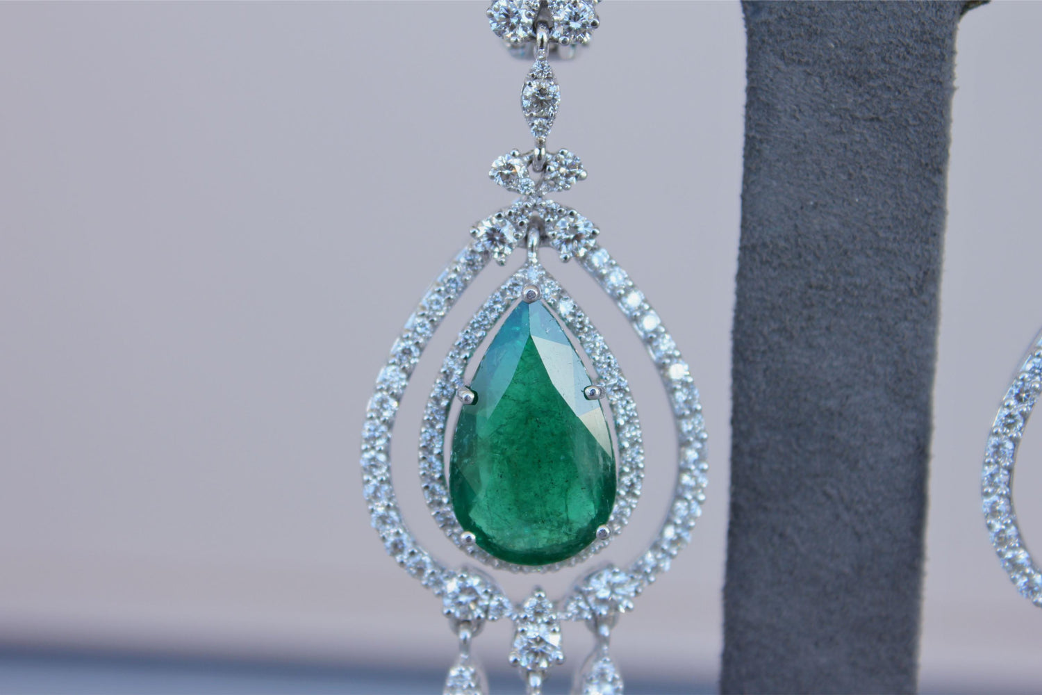 Large Pear-Shape Drop Emeralds Diamond Chandelier 18K White Gold Unique Earrings