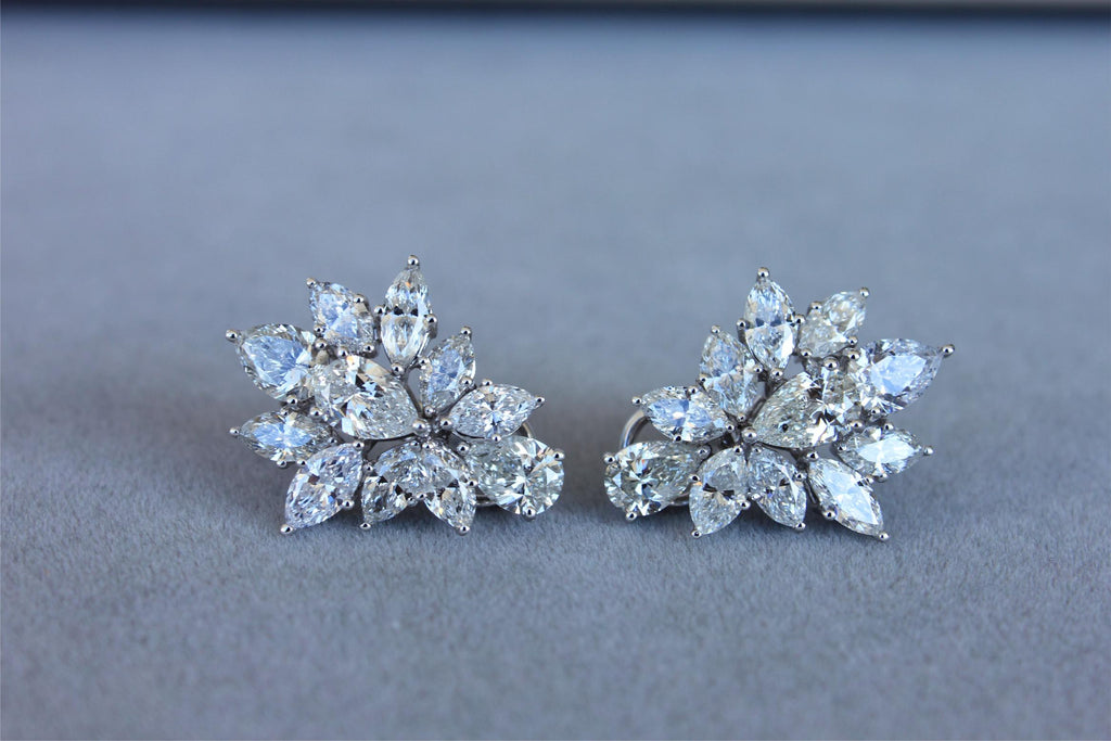 Fancy Shape Brilliant Cut Pear Marquise Diamond Cluster 18K White Gold Earrings
