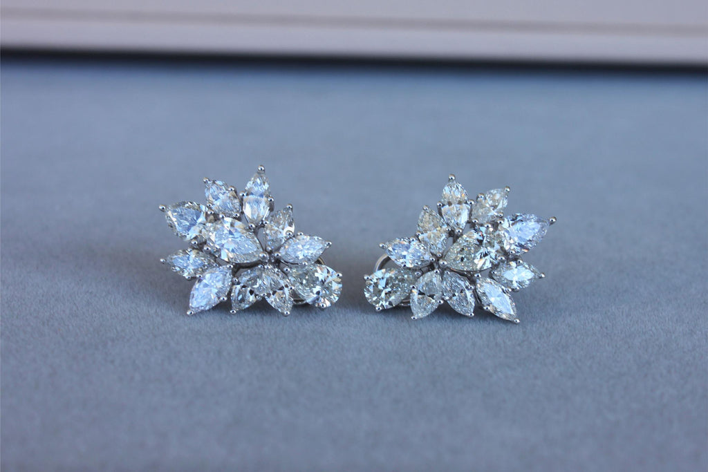 Fancy Shape Brilliant Cut Pear Marquise Diamond Cluster 18K White Gold Earrings