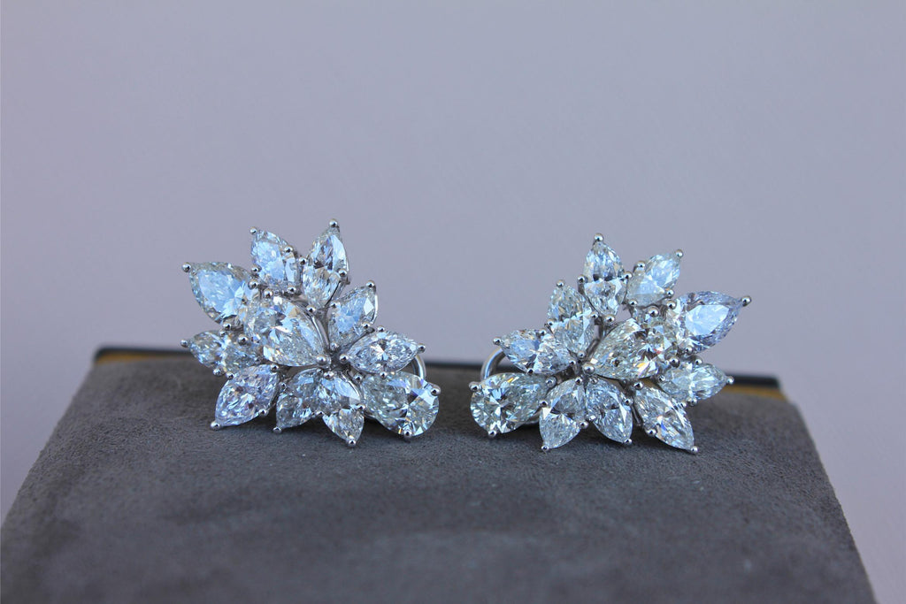 Fancy Shape Brilliant Cut Pear Marquise Diamond Cluster 18K White Gold Earrings