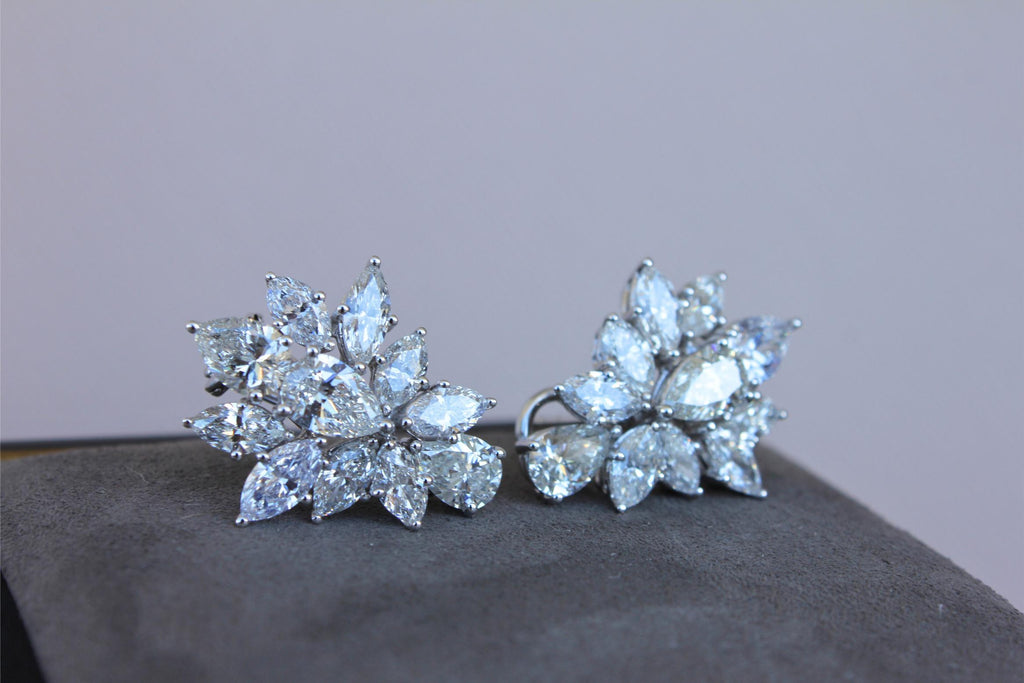 Fancy Shape Brilliant Cut Pear Marquise Diamond Cluster 18K White Gold Earrings