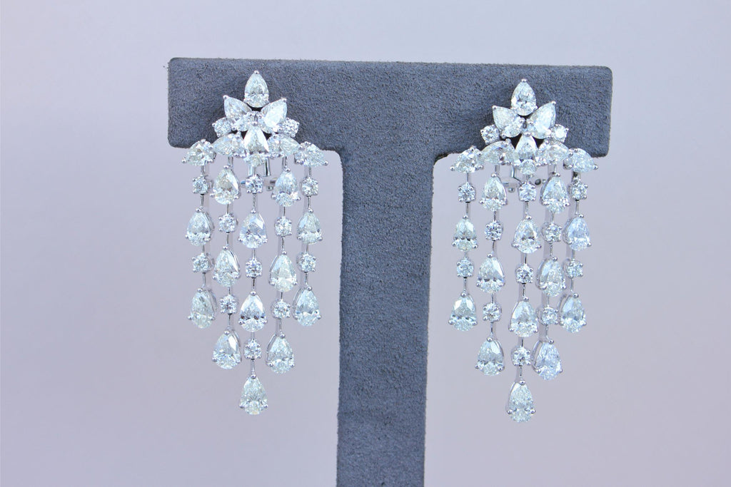 Fancy Shape Pear Round Brilliant Cut Chandelier 18K White Gold Drop Earrings