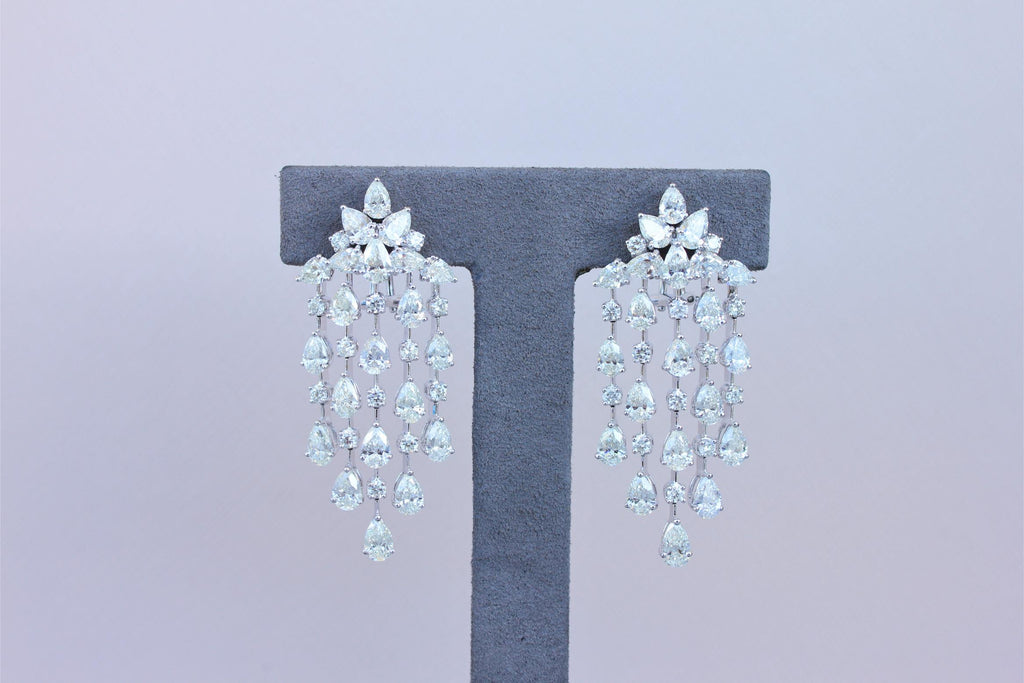 Fancy Shape Pear Round Brilliant Cut Chandelier 18K White Gold Drop Earrings