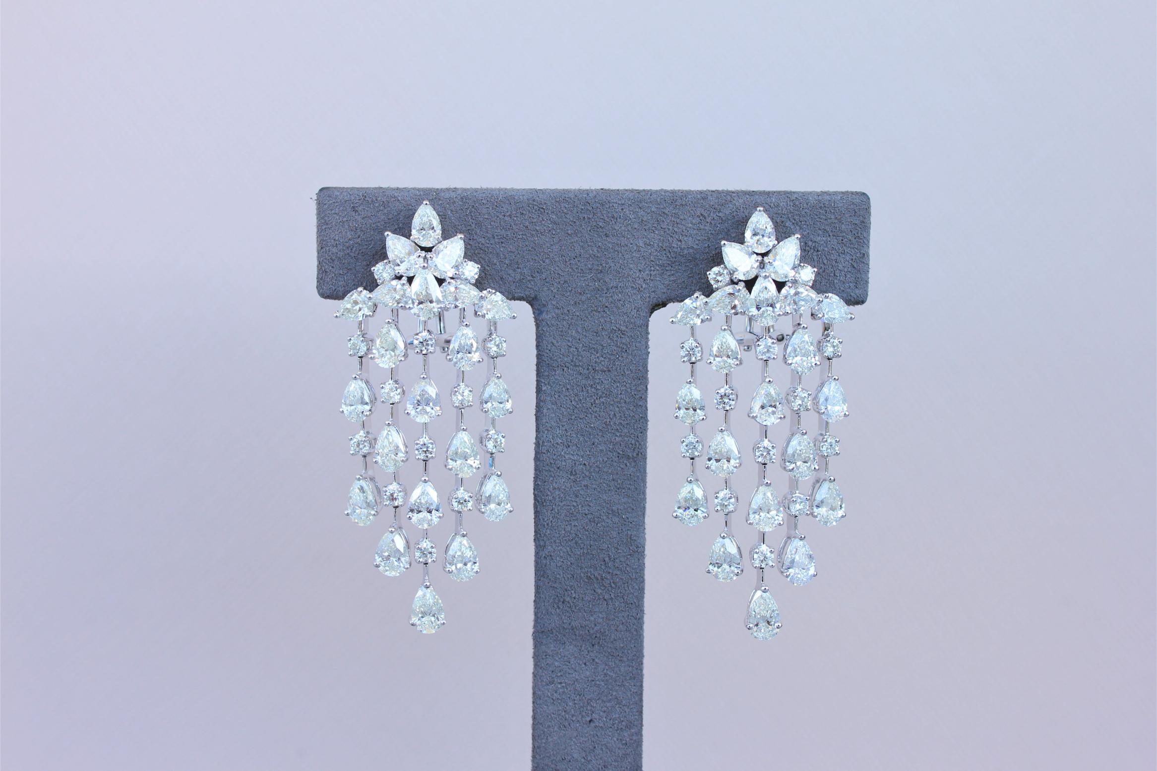 Fancy Shape Pear Round Brilliant Cut Chandelier 18K White Gold Drop Earrings