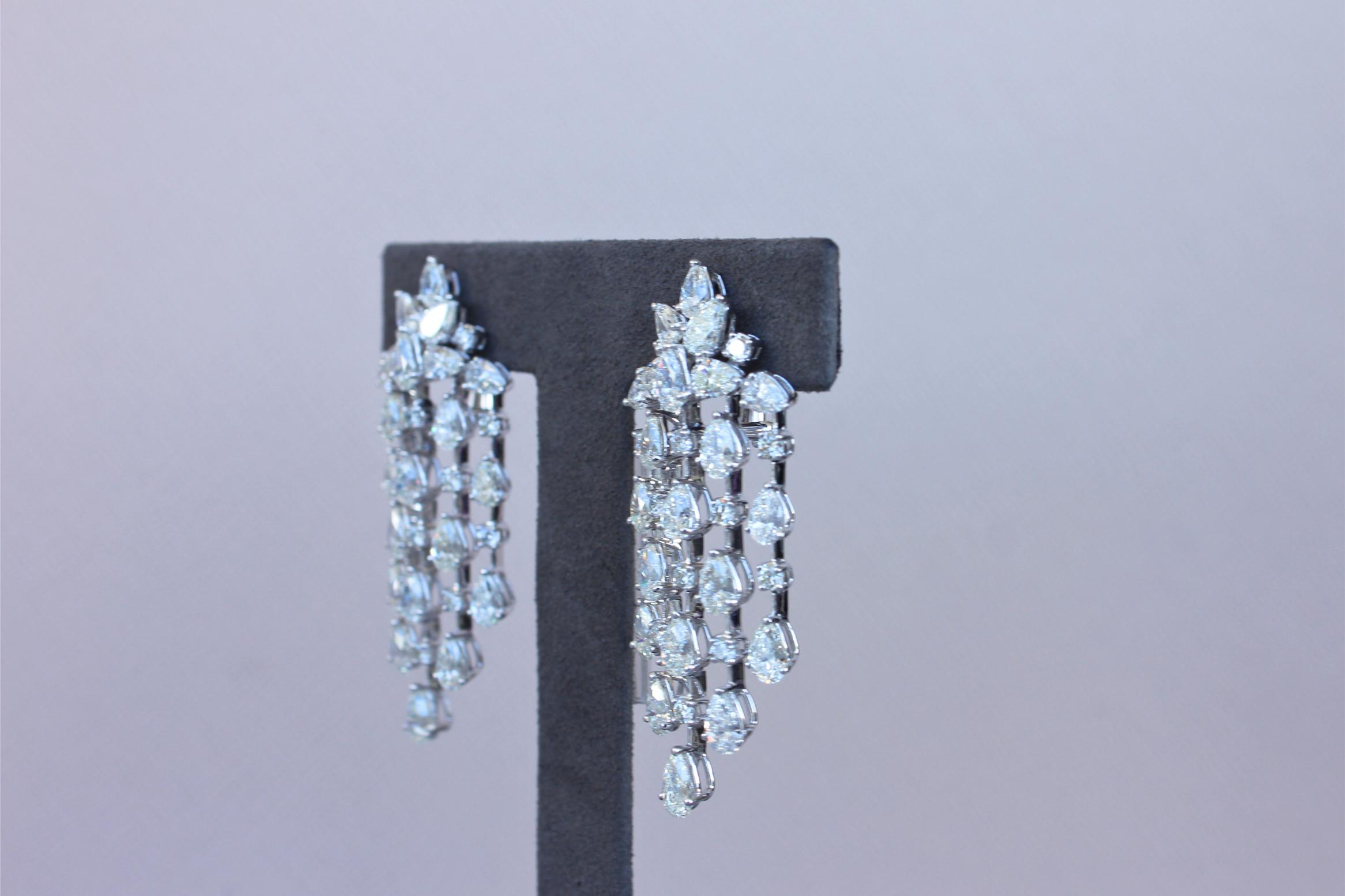 Fancy Shape Pear Round Brilliant Cut Chandelier 18K White Gold Drop Earrings