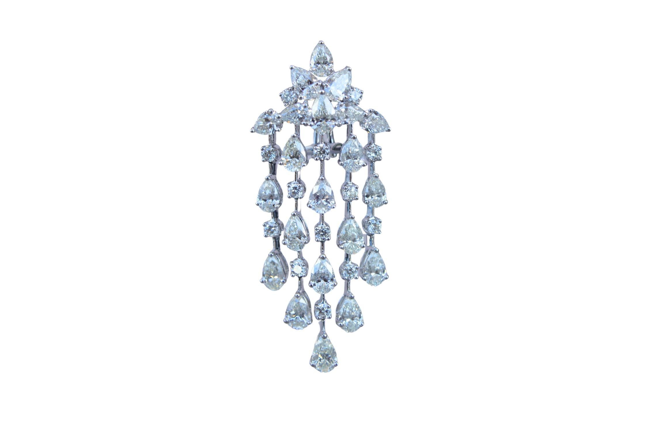 Fancy Shape Pear Round Brilliant Cut Chandelier 18K White Gold Drop Earrings