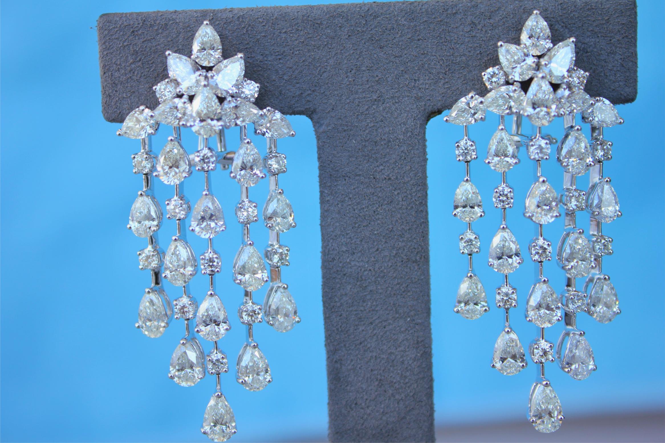 Fancy Shape Pear Round Brilliant Cut Chandelier 18K White Gold Drop Earrings