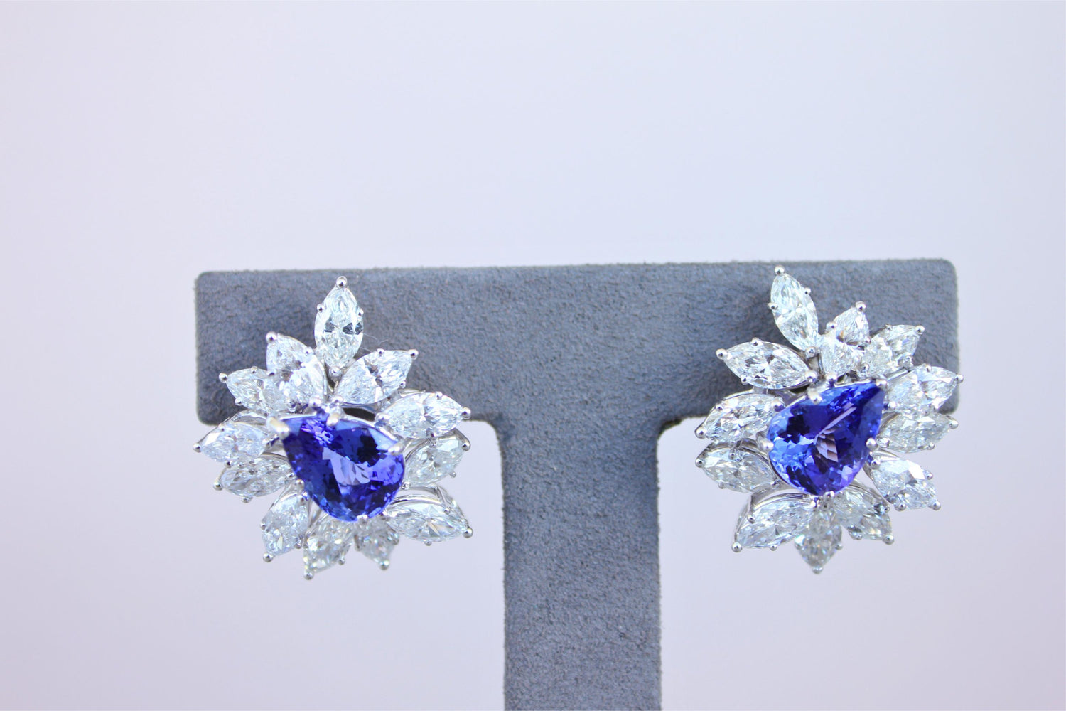 Rare Blue Tanzanite Fancy Pear Shape Marquise Diamonds 18K White Gold Earrings