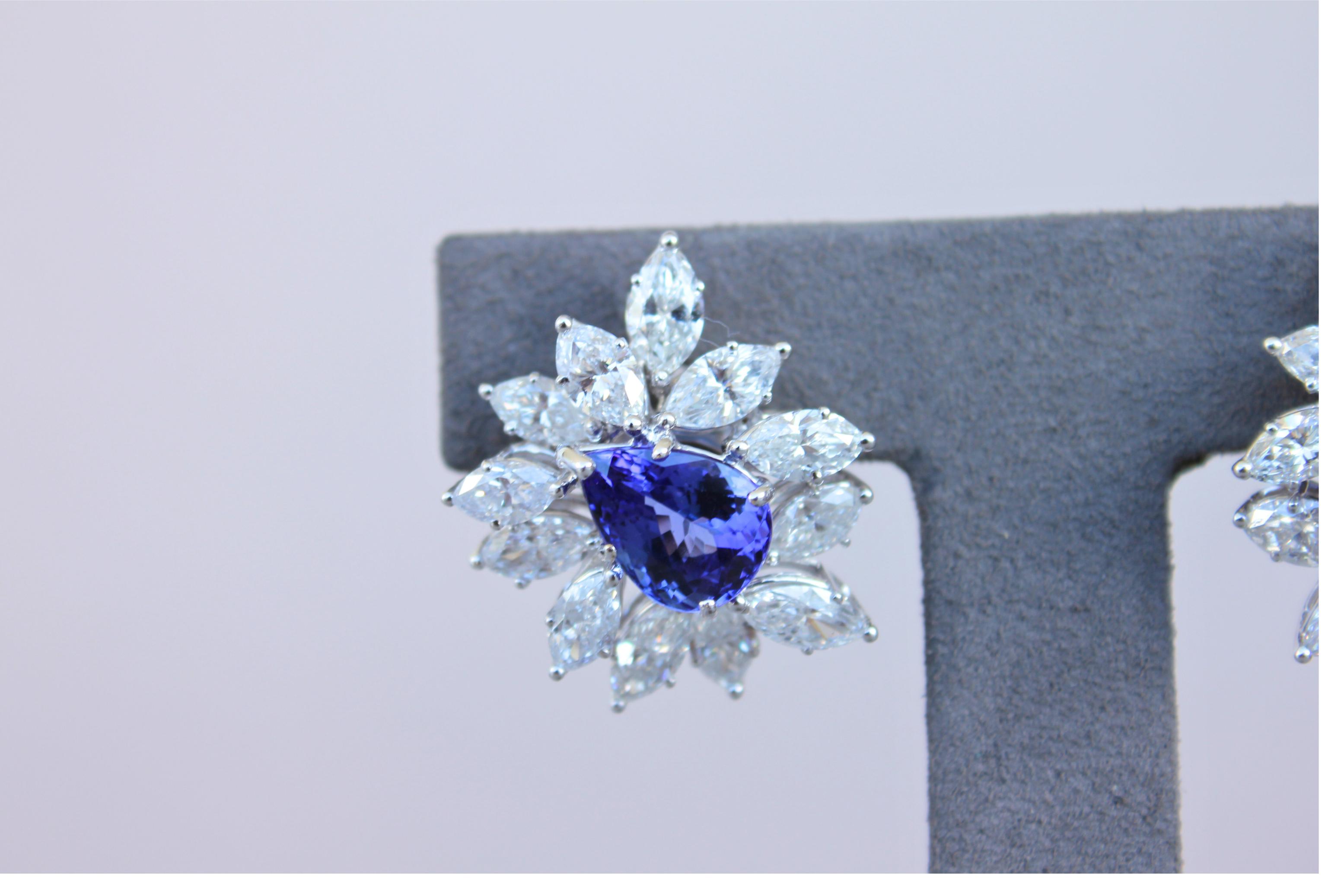 Rare Blue Tanzanite Fancy Pear Shape Marquise Diamonds 18K White Gold Earrings