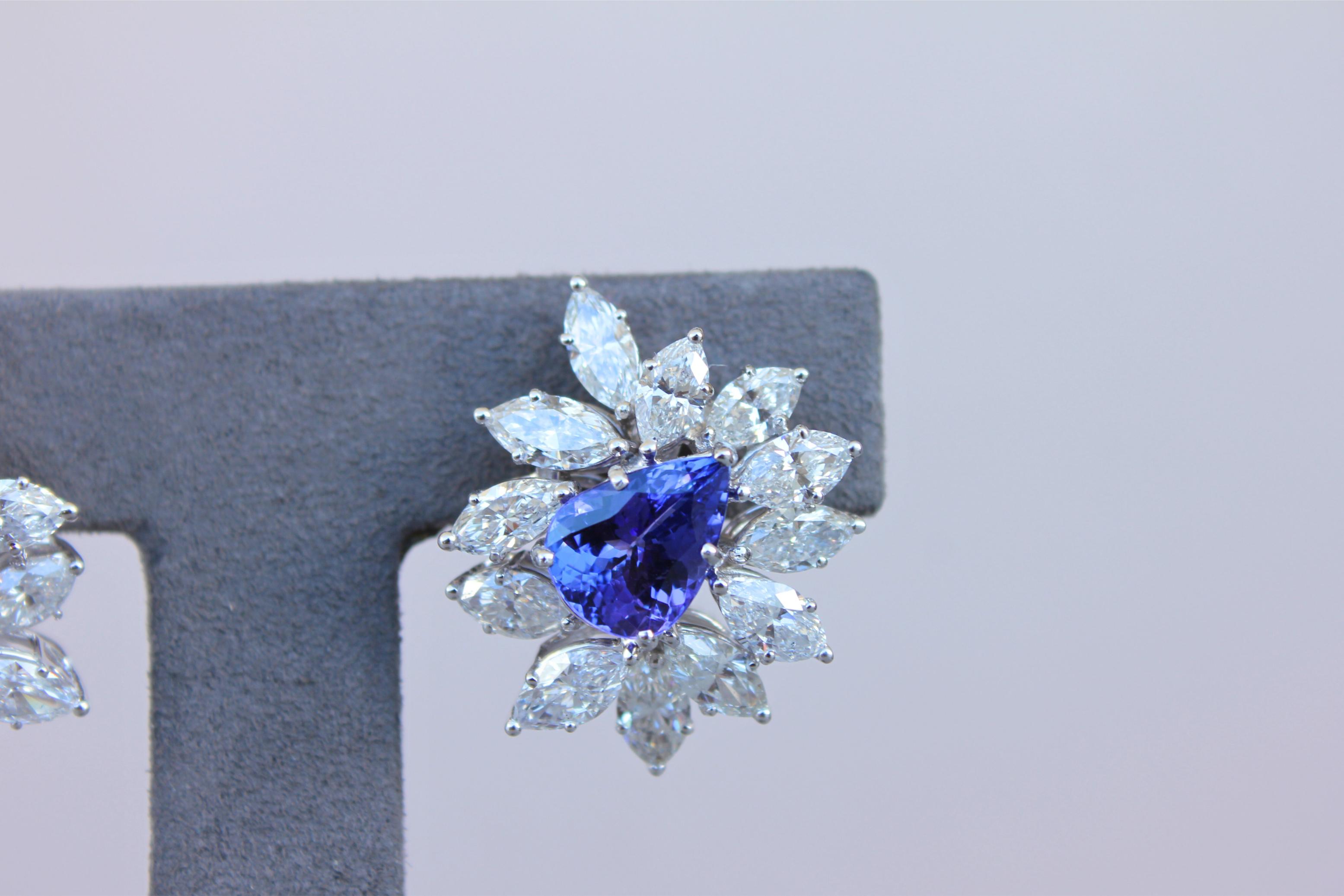 Rare Blue Tanzanite Fancy Pear Shape Marquise Diamonds 18K White Gold Earrings