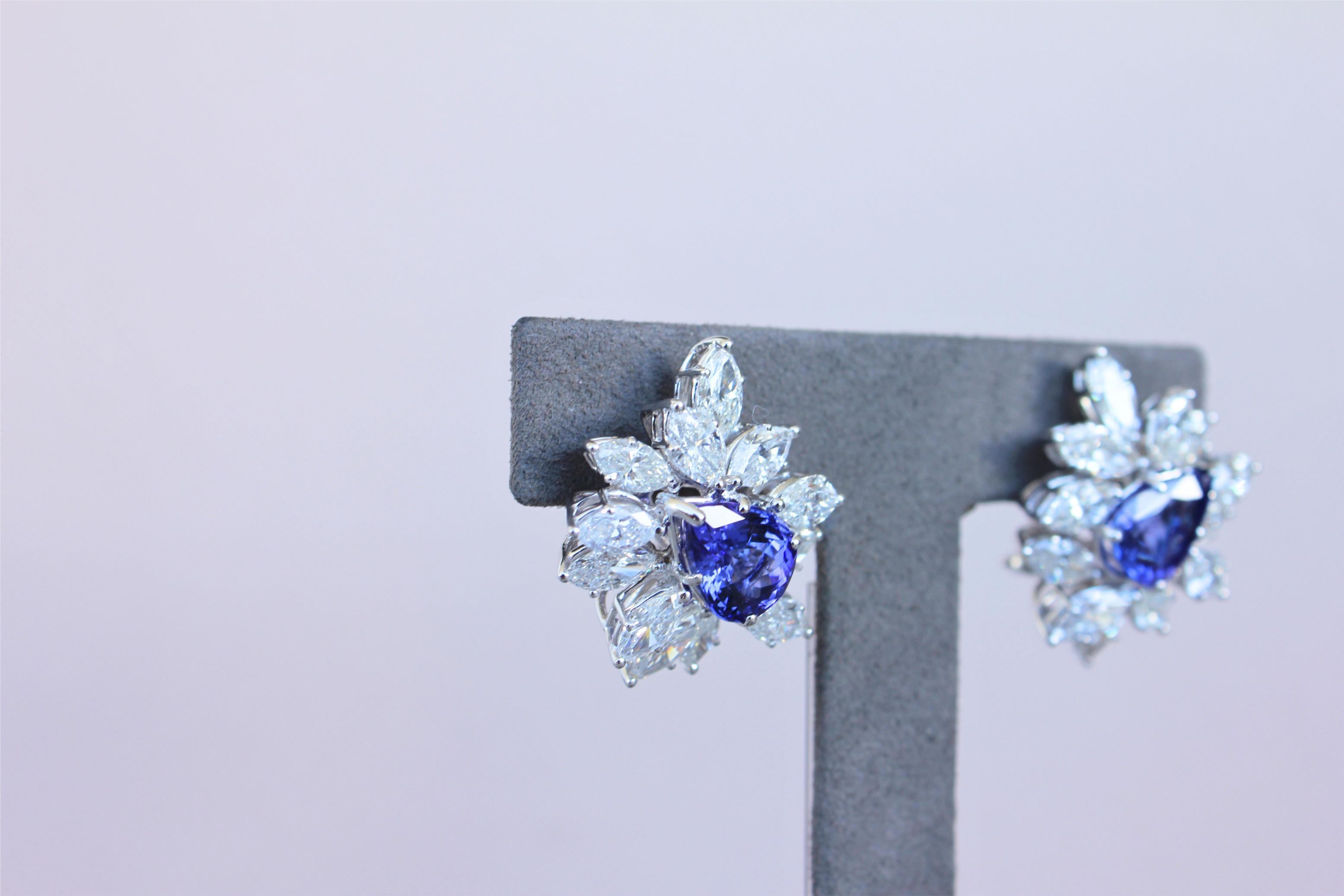 Rare Blue Tanzanite Fancy Pear Shape Marquise Diamonds 18K White Gold Earrings