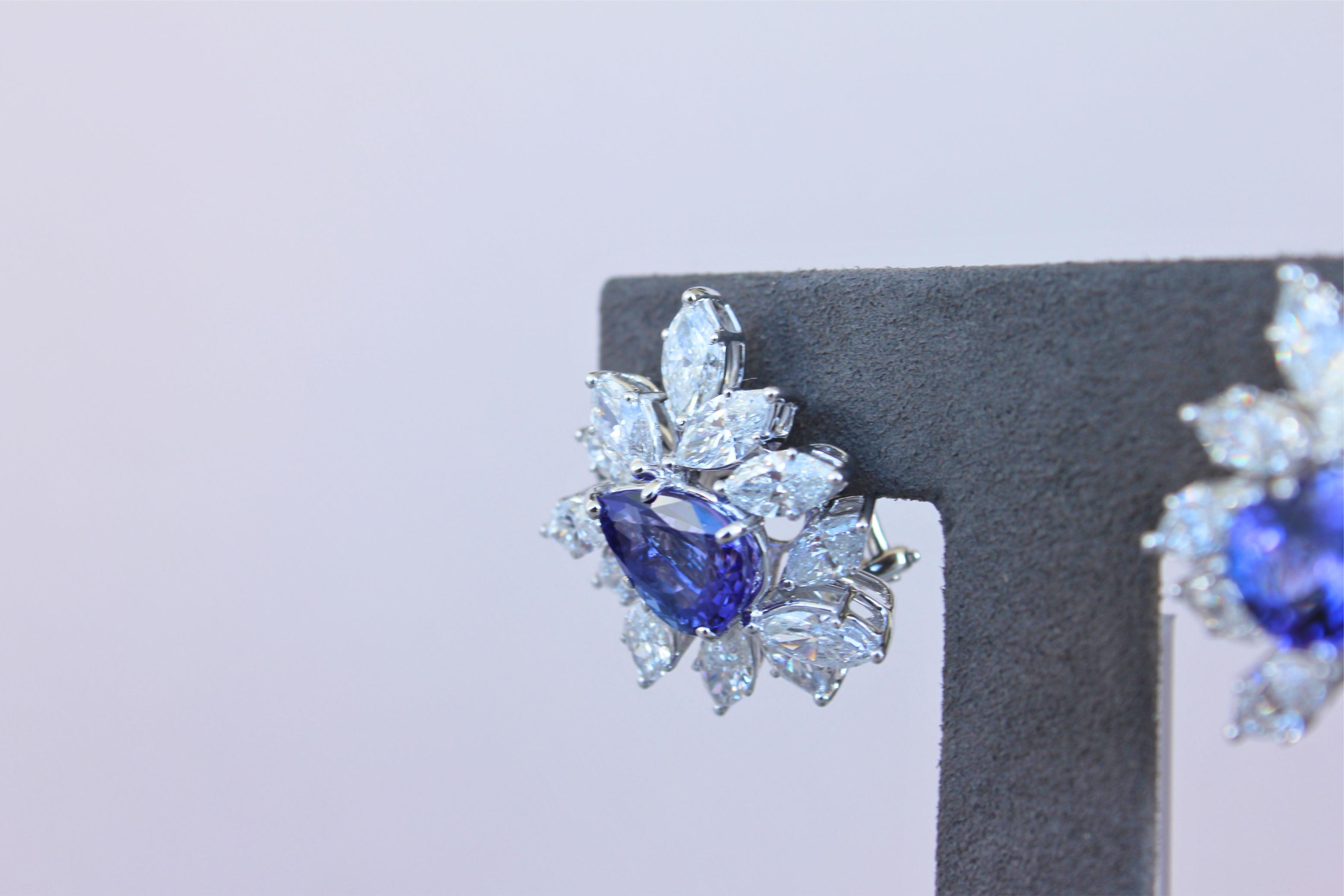 Rare Blue Tanzanite Fancy Pear Shape Marquise Diamonds 18K White Gold Earrings