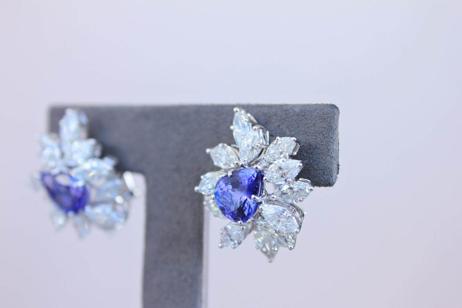 Rare Blue Tanzanite Fancy Pear Shape Marquise Diamonds 18K White Gold Earrings