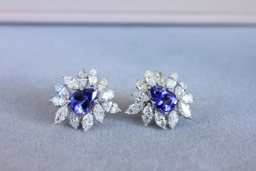 Rare Blue Tanzanite Fancy Pear Shape Marquise Diamonds 18K White Gold Earrings