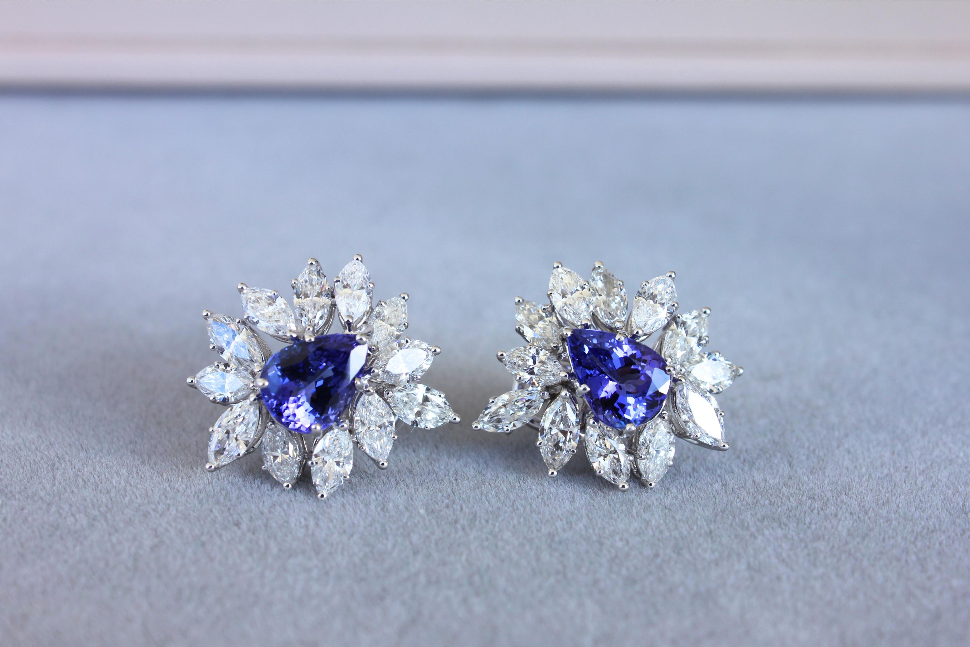 Rare Blue Tanzanite Fancy Pear Shape Marquise Diamonds 18K White Gold Earrings