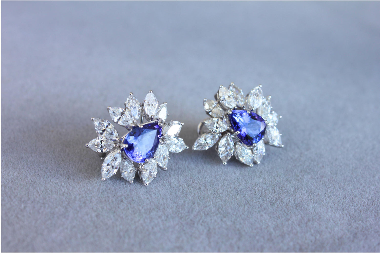 Rare Blue Tanzanite Fancy Pear Shape Marquise Diamonds 18K White Gold Earrings