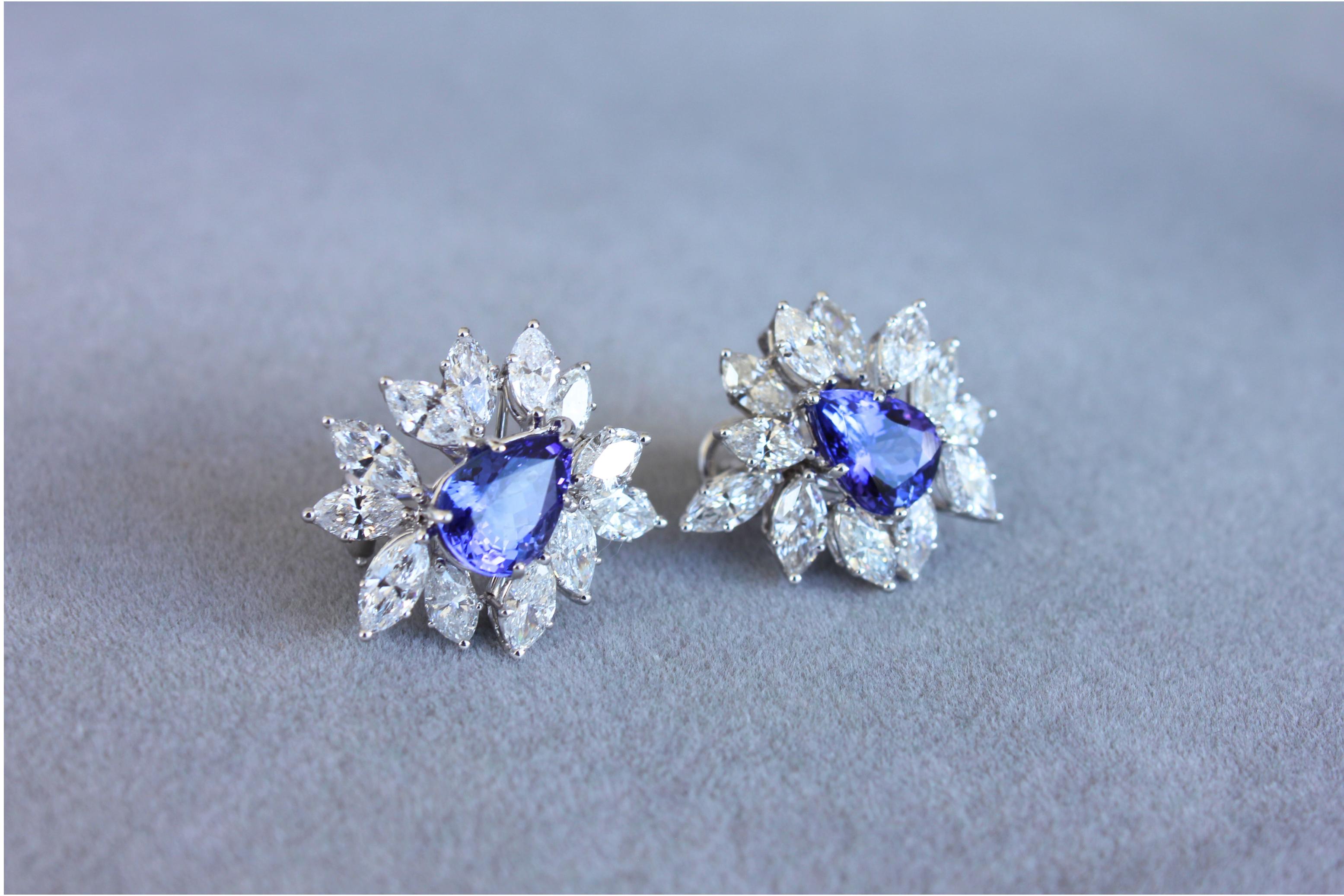 Rare Blue Tanzanite Fancy Pear Shape Marquise Diamonds 18K White Gold Earrings