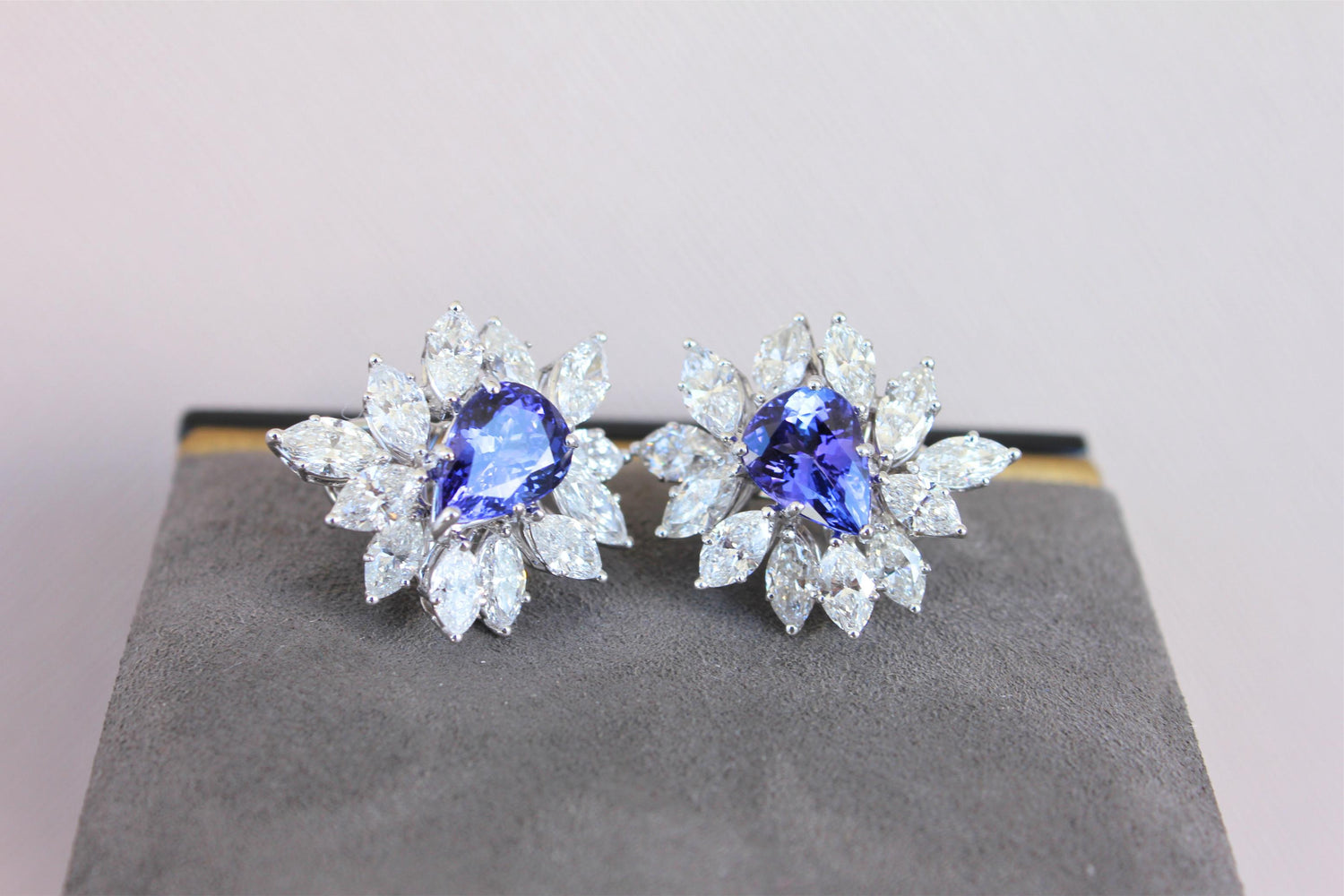 Rare Blue Tanzanite Fancy Pear Shape Marquise Diamonds 18K White Gold Earrings