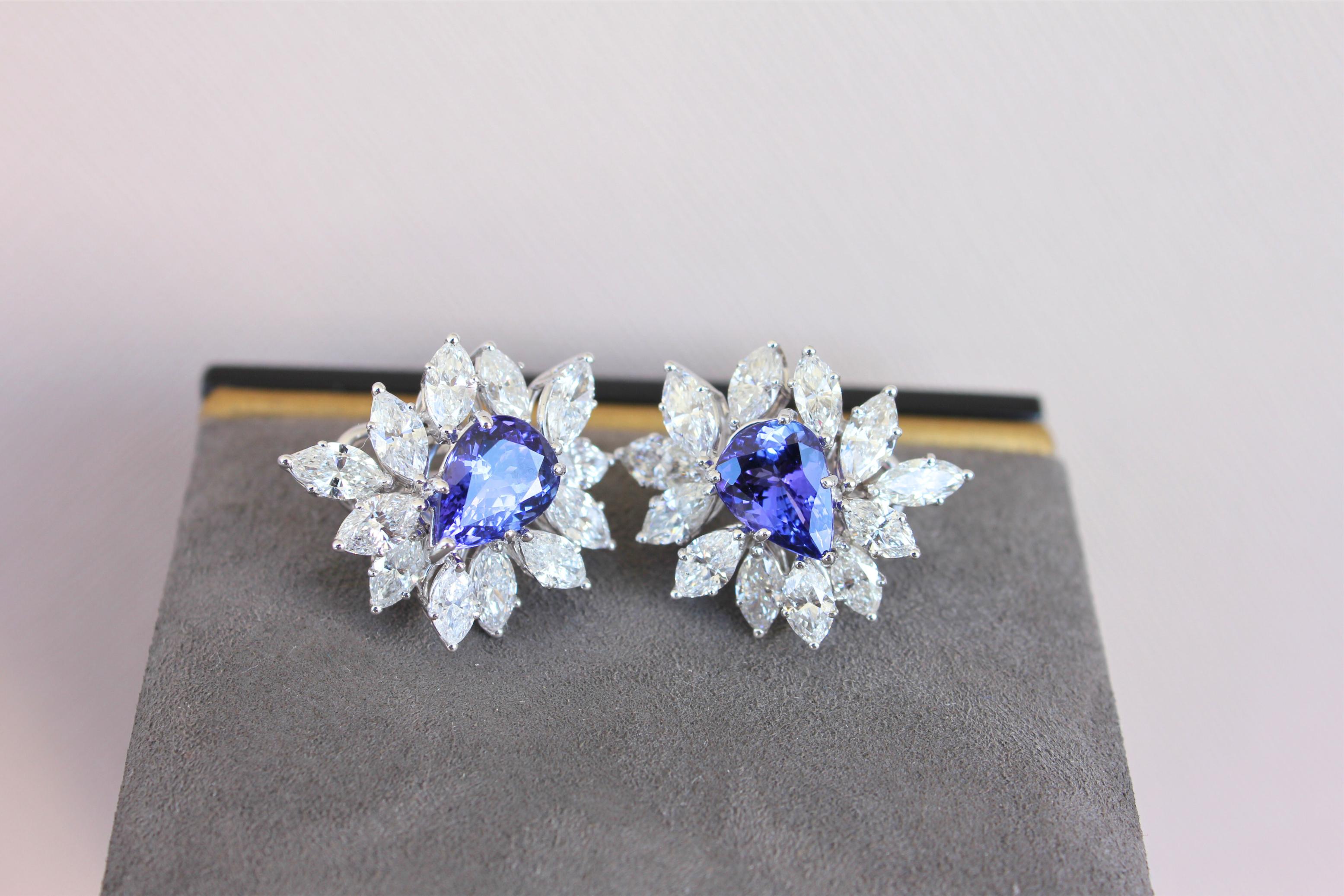 Rare Blue Tanzanite Fancy Pear Shape Marquise Diamonds 18K White Gold Earrings