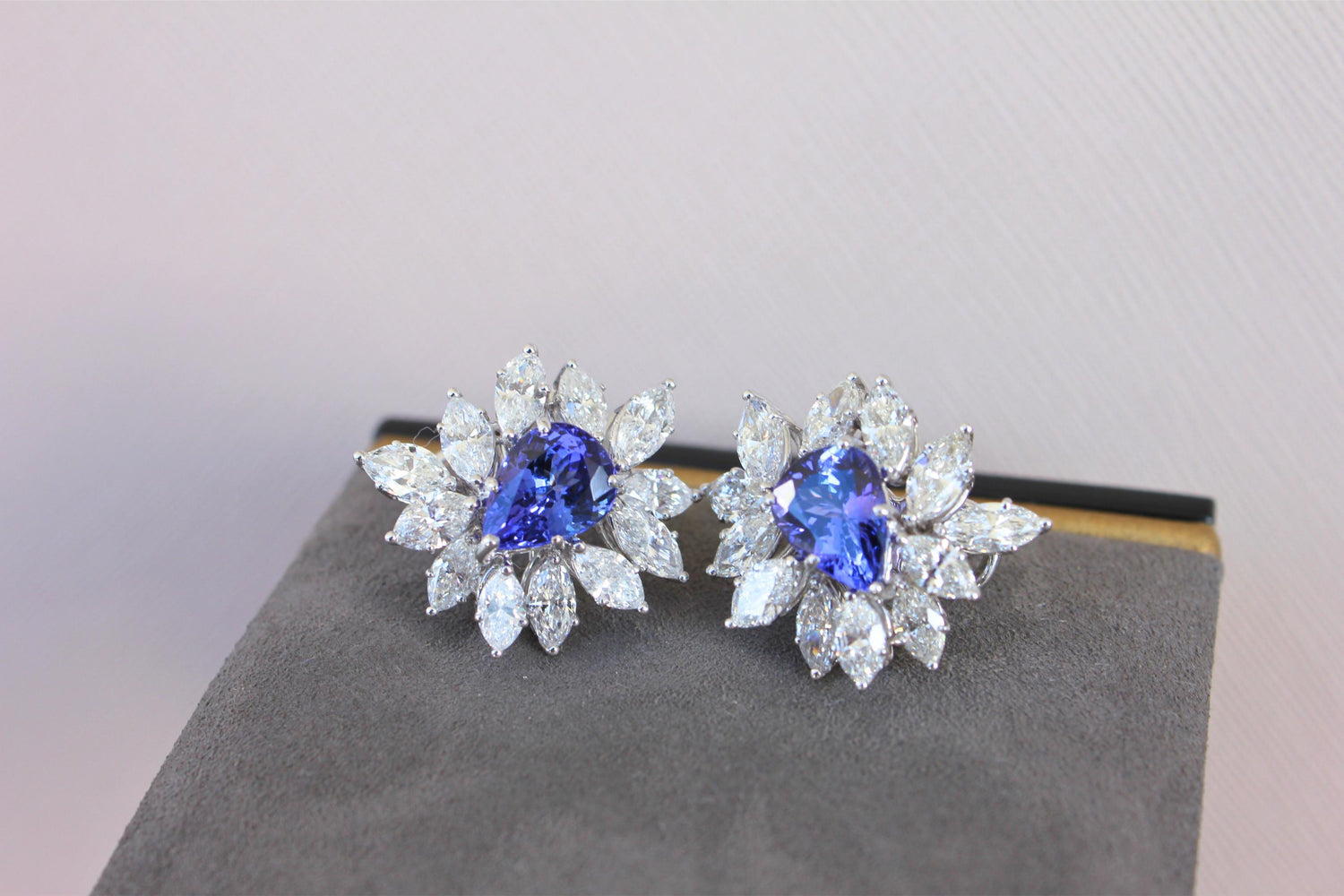 Rare Blue Tanzanite Fancy Pear Shape Marquise Diamonds 18K White Gold Earrings