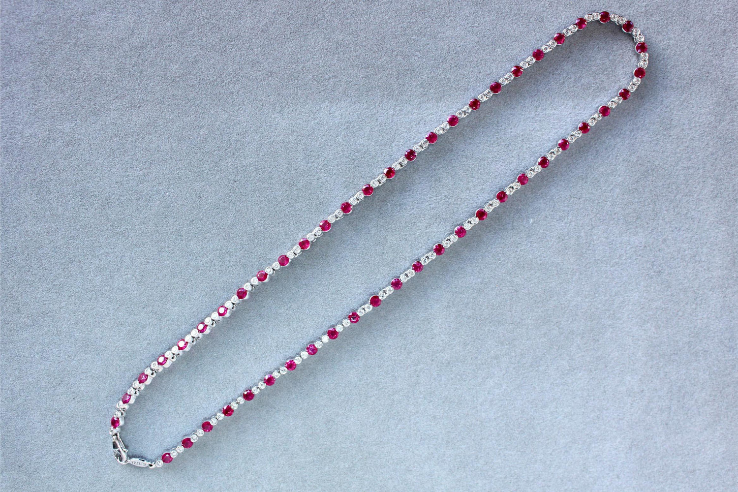 Ruby Diamond Bezel Set Tennis Line 14K White Gold Classic Set Unique Necklace